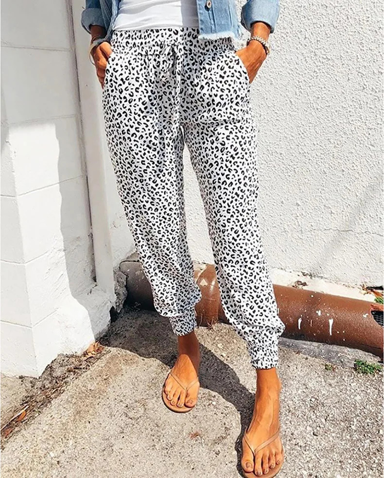 Summer European and American Womens Leggings Loose Leopard Print Lace Up Casual Pants 250409