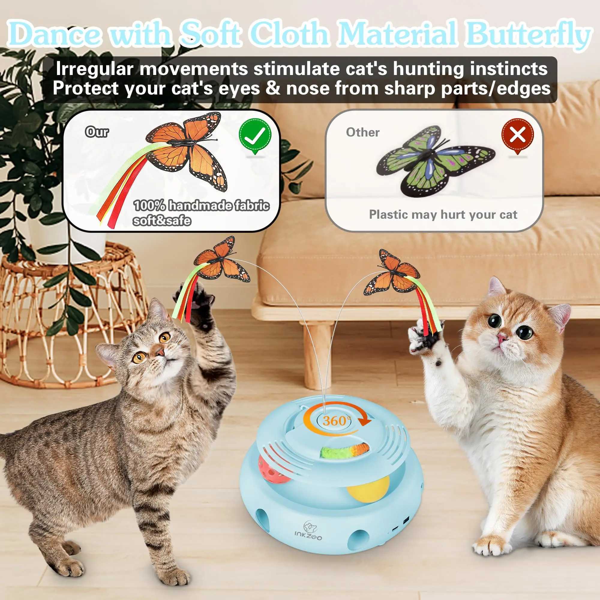 INKZOO 4-in-1 Interactive Cat Toys for Indoor Cats Automatic 6 Holes Mice Whack-A-Mole Fluttering Butterfly Track Balls USB J2511081