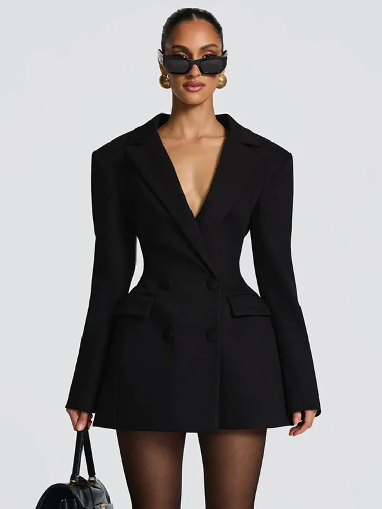 Mozision Deep V Neck Long Sleeve Sexy Mini Blazer Dress Women Elegant Doublebreasted High Waist Club Party Blazers 251110