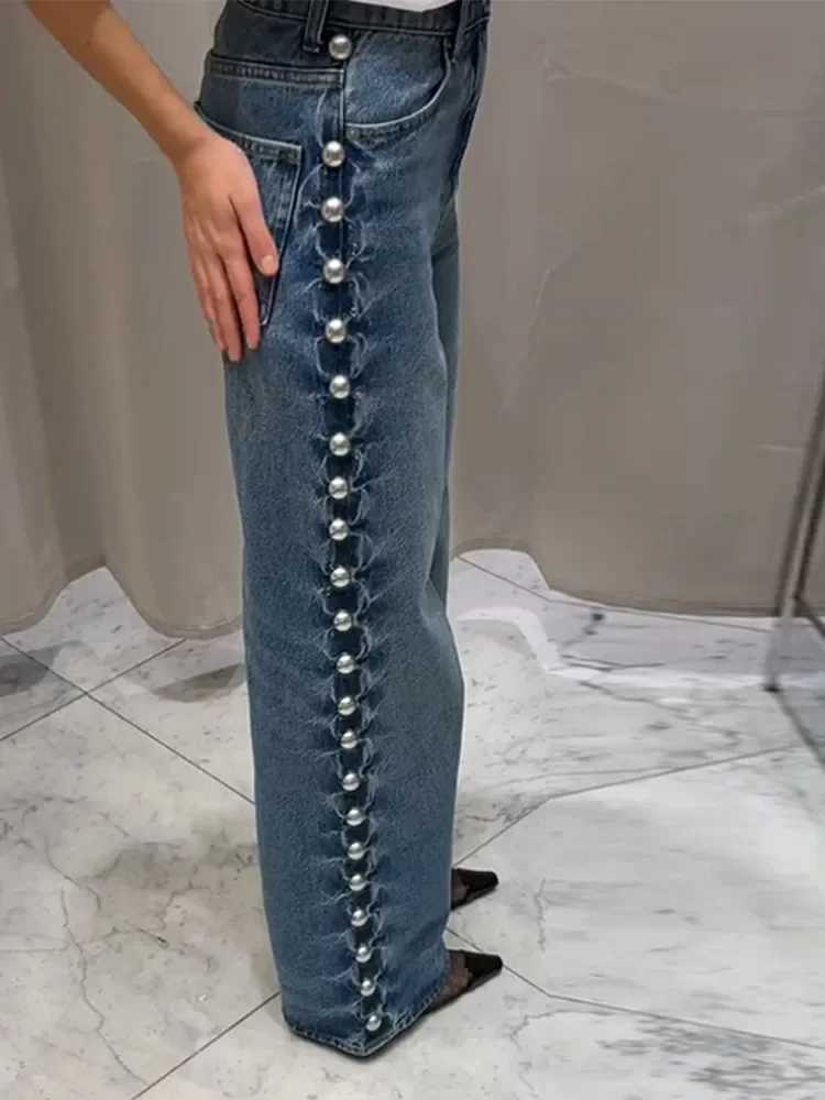 Pearl Jeans Womens Low Waist Loose Wide Leg Denim Pants Female 2025 Spring Summer Chic Retro lady Trousers C251110