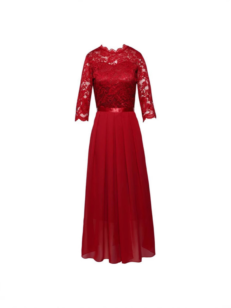 D47Sophisticated Round-Necked Evening Dress Featuring Intricate European Lace Work
