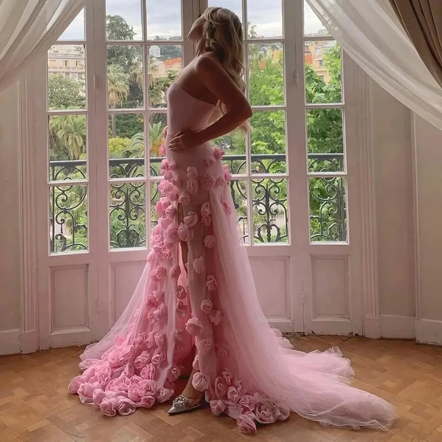 Hand Made Flowers Pink Evening Dresses Side Slit Sexy Sleeveless Long Mermaid Prom Dress Sweetheart Neck Chic Engagement Dress For Women 2025