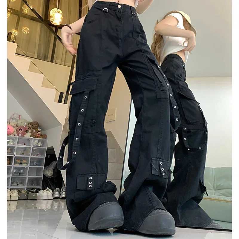 Female Loose Oversized Cargo Pants Woman High Waist American High Street Wide Leg Jeans Lady Black Denim Straight Leg Trousers C251110