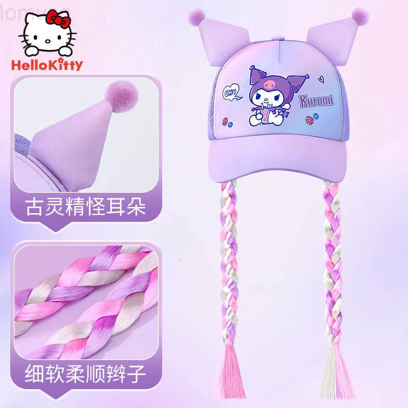 Sanrio Kuromi Baseball Cap Summer Sun Hats for Girl Breathable Visor Hat Kawaii Wig Braid Cute Kids Children Aged 5-10 Sunhat H251110