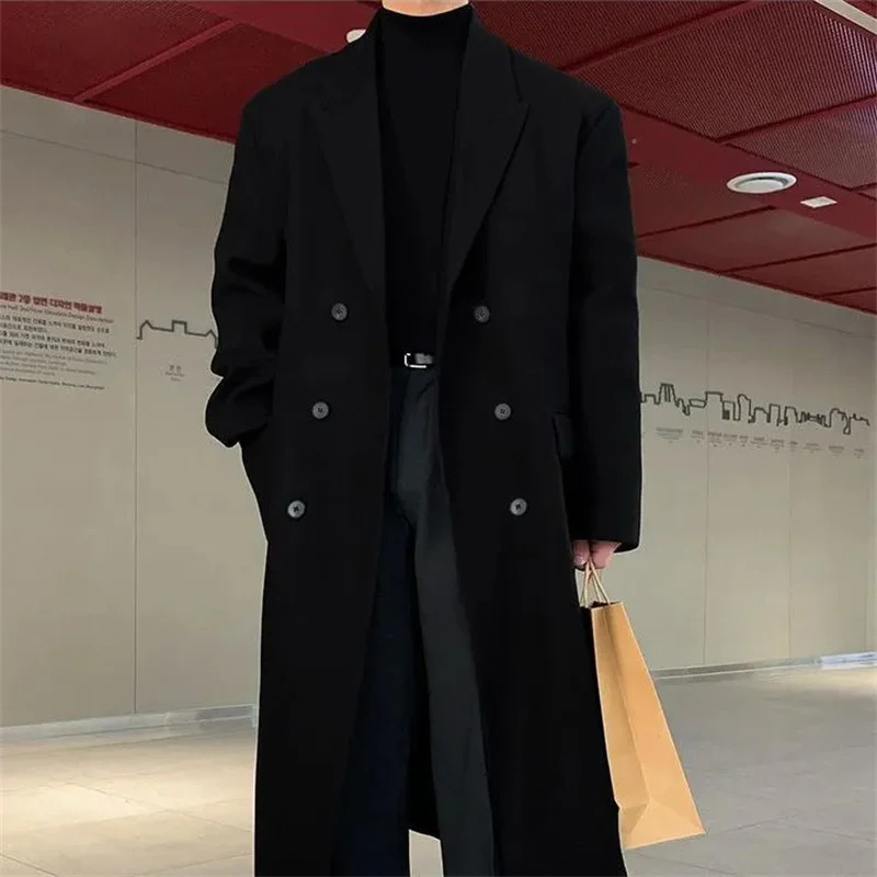 Winter woolen coat mens long style with cotton over the knee woolen windbreaker thickened coat Korean version loose fit 251103