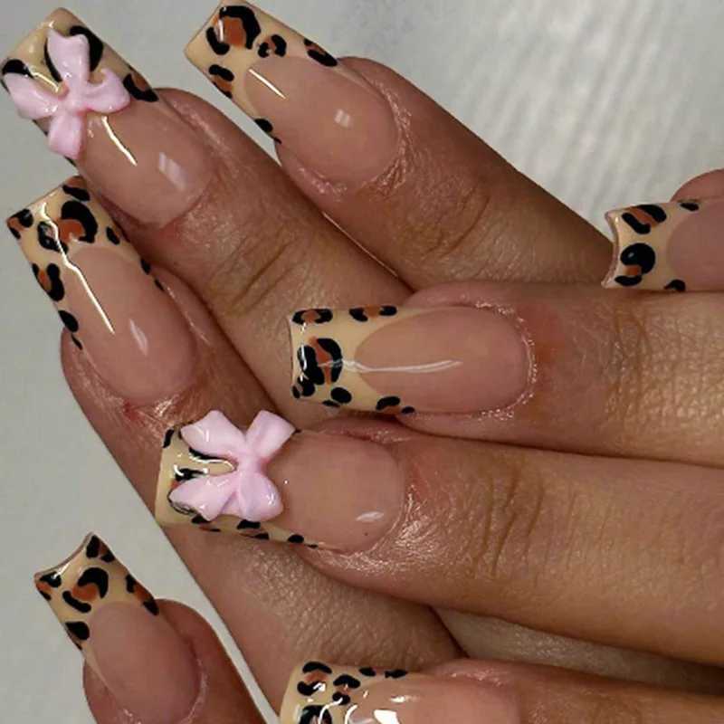 24 pieces of pink French style fake nails with 3D bow design short square pressed nails sweet Korean fashion fake nails W250410