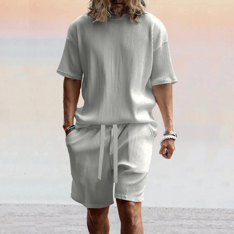 2025 Summer Ice Silk Breathable Pit Strip Short Sleeve Shorts Set Solid Color Male