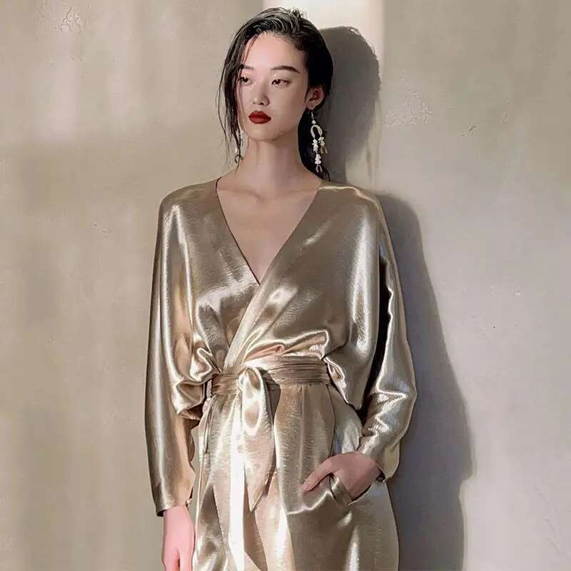 Shiny Satin Women Glossy Long Sleeve V Neck Sexy Evening Wrap Dress Female Elegant Party Club Gold Robe With Belt