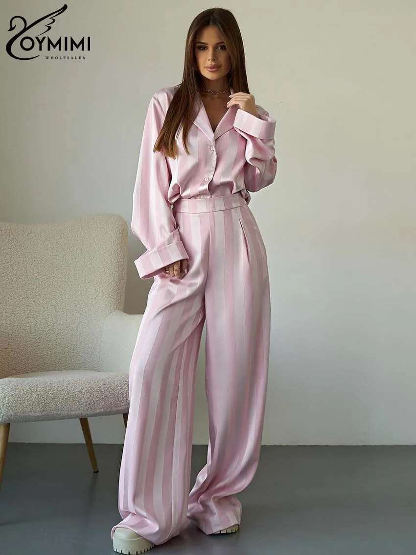 Oymimi Casual Pink Print Women 2 Piece Set Outfit Elegant Lapel Long Sleeve Button Shirts And High Waist Full Length Pants Sets