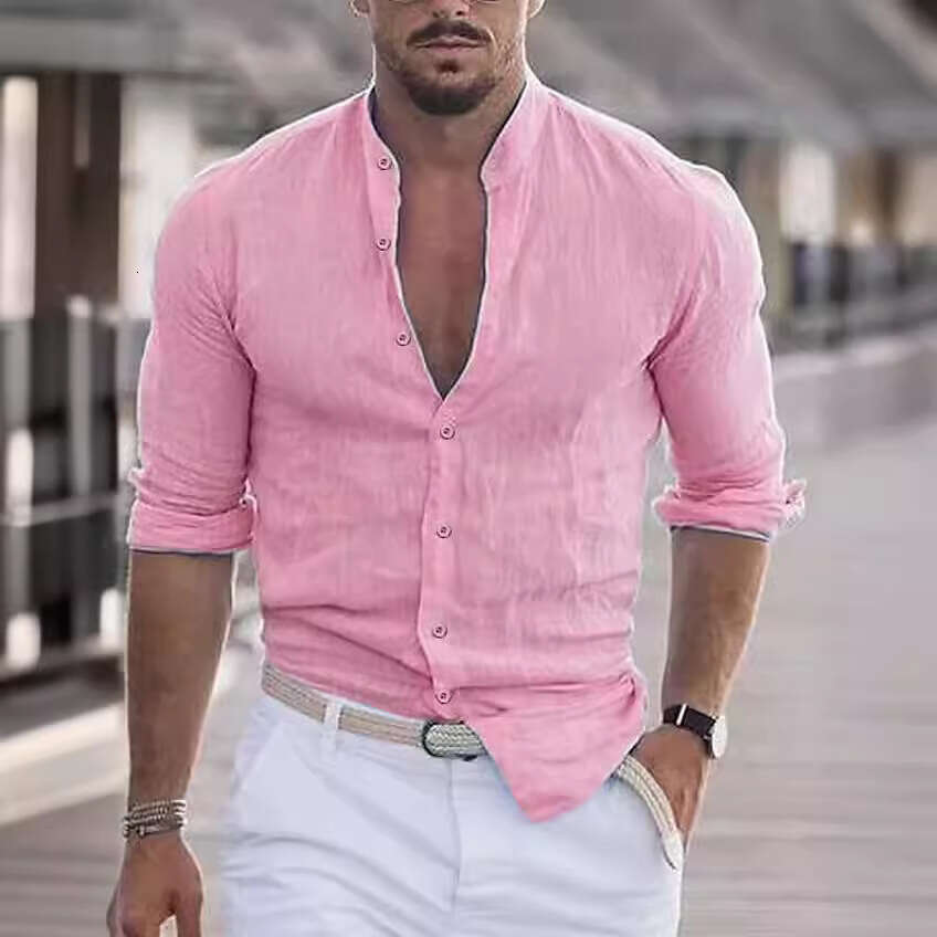 Cross-border 2025 New Men's Summer Beach Shirt Long Sleeve Solid Color Hawaiian Holiday Clothing