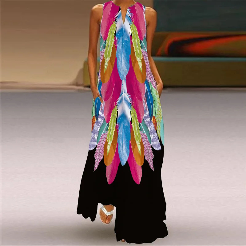 Sexy V-neck womens sleeveless dress summer fashion Sundress retro printed long dress Maxi dress with pockets womens Vestdos 250409