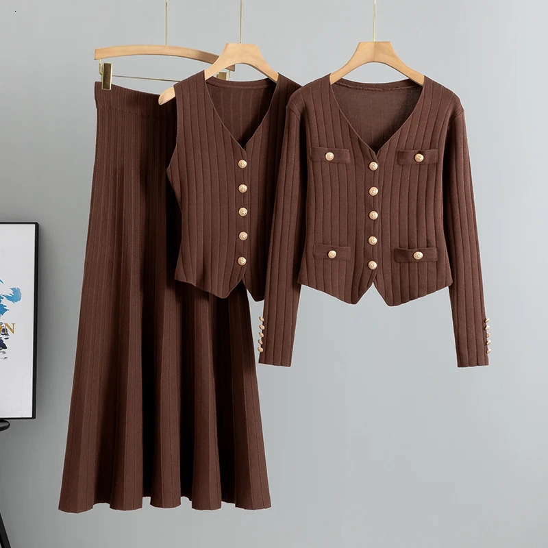 Women Three Piece Sets Kintted Vest Pleated Skirt Spring Autumn Cardigan Top High Waist Elegant Suit 251110