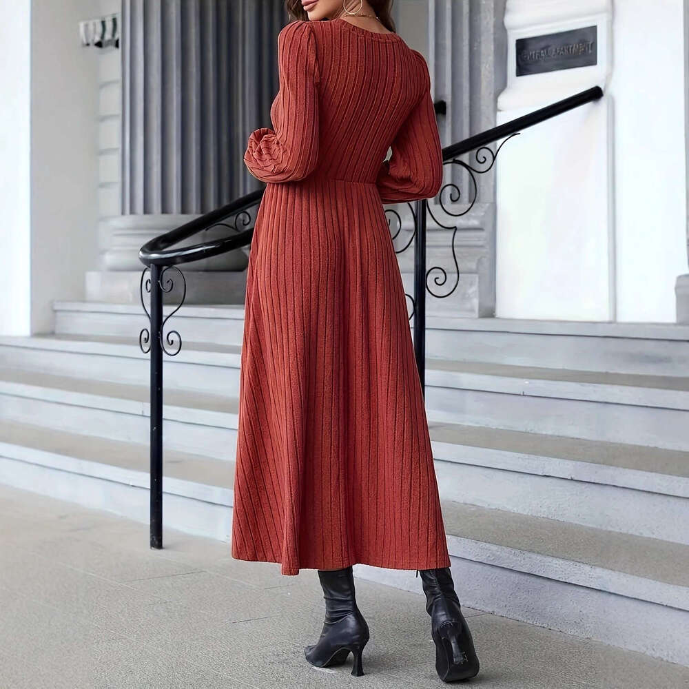 Amazon European and American 2025 New Simple Solid Color Ribbed Women's Knitted Dress