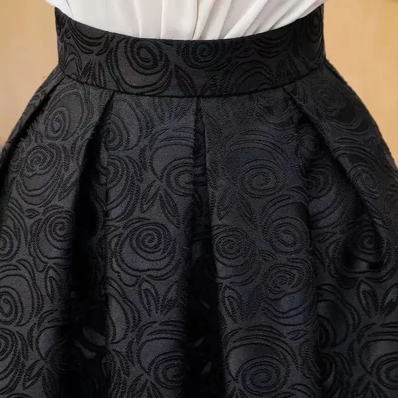Black Rose Flower Retro Elegant High Waist Ball Dress Loose Womens Skiing Knee Long Sleeve Fashion Clothing 250410