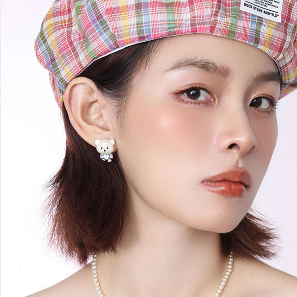 DHcollections Summer Sweet Bowknot Bear for Women Cartoon Cute Design Versatile Student 925 Silver Needle Earrings