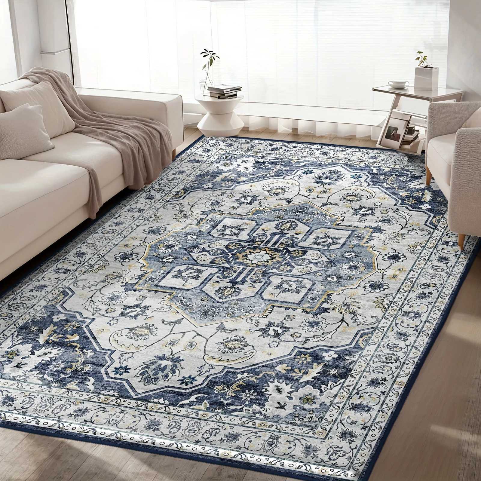 1 Pc Washable Rug Vintage Medallion Area Rug with Non-Slip Backing Non-Shedding Floor Mat for Living Room Bedroom Kitchen Laund Y251110
