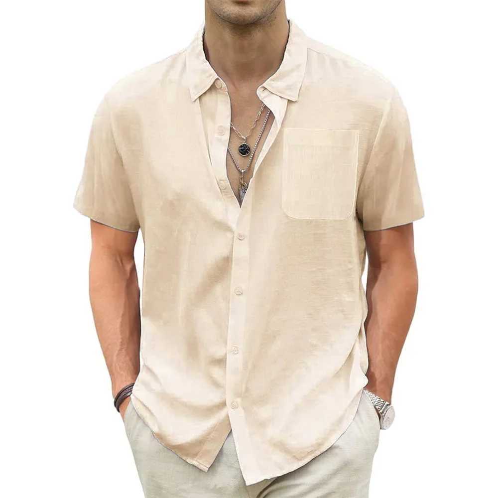 Mens lightweight Hawaiian shirt cotton linen breathable short sleeved shirt for vacation beach casual summer mens top with pocket X250410