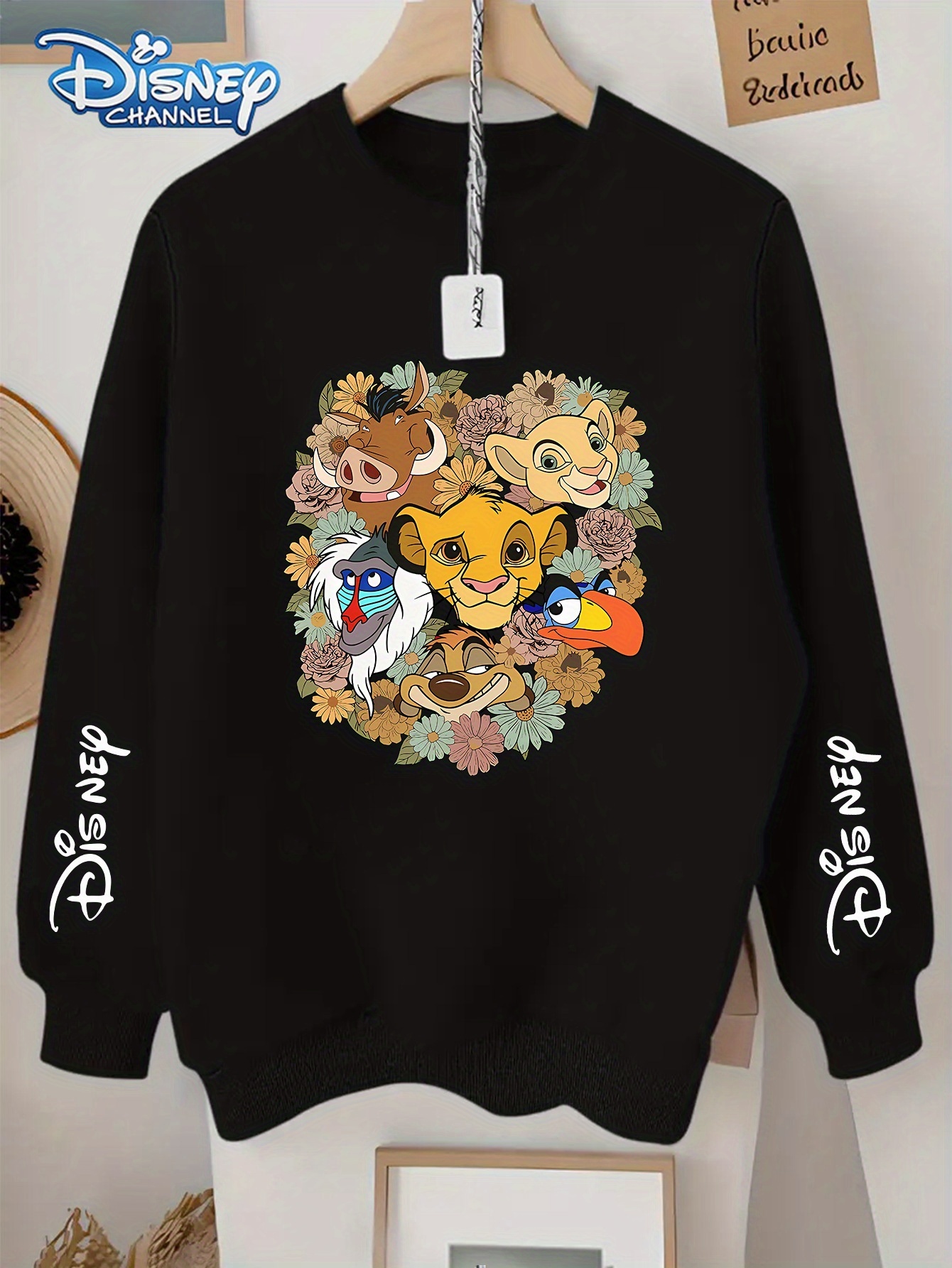 Disney Officially Licensed, Simba, Mufasa, Pumbaa, Timon, Rafiki, and Zazu Pattern Print, Plus Size Crew Neck with Multiple Prints, Casual Fashion Ver