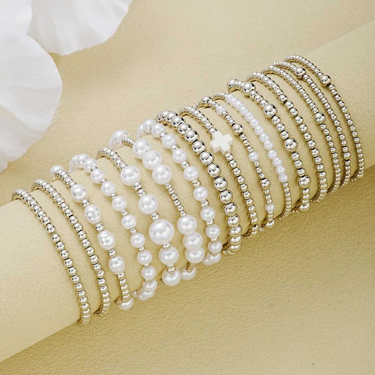 16Pcs/Set Vintage Silver Color Beaded Bracelet Sets For Women Elegant Imitation Pearl CCB Cross Bracelets Female HipHop JewelryT251110