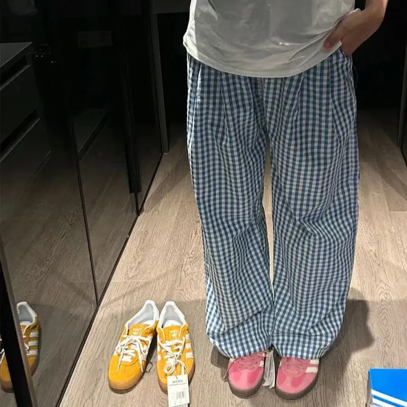 Deeptown Vintage Y2k Plaid Womens Casual Pants Harajuku Oversized Korean Fashion Trousers Baggy Summer Wide Leg Slacks Thin 250409