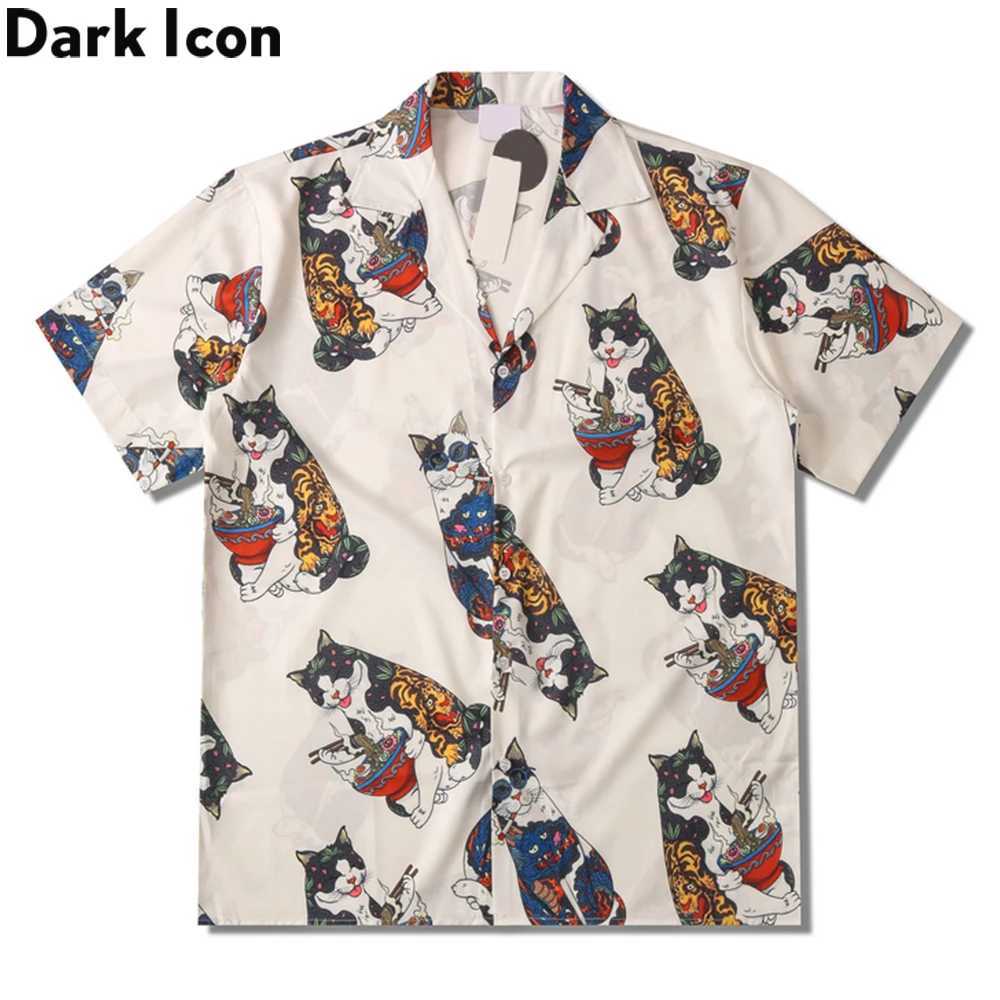 Black Harajuku cat shirt short sleeved mens 2023 summer mens Hawaiian mens shirt X250410