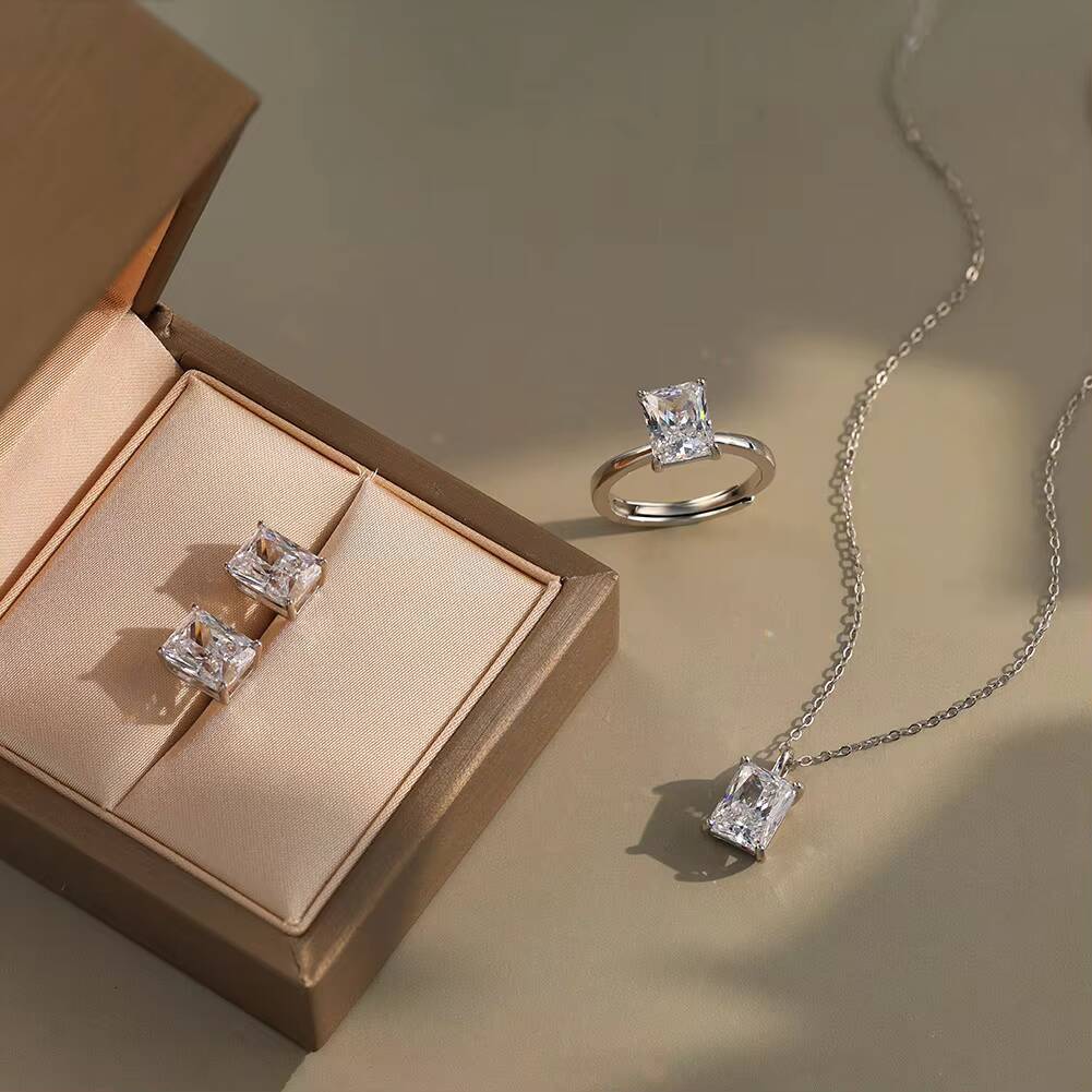 RINNTIN SMO6 Wedding Set14K Gold Plated 925 Sterling Silver 1ct -4ct D Color VVS Moissanite Diamond Ring Earrings Necklace Set