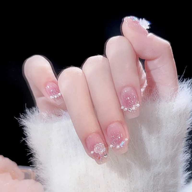 24 pieces of short French 3D rose fake nails+strips+jelly glue W250410