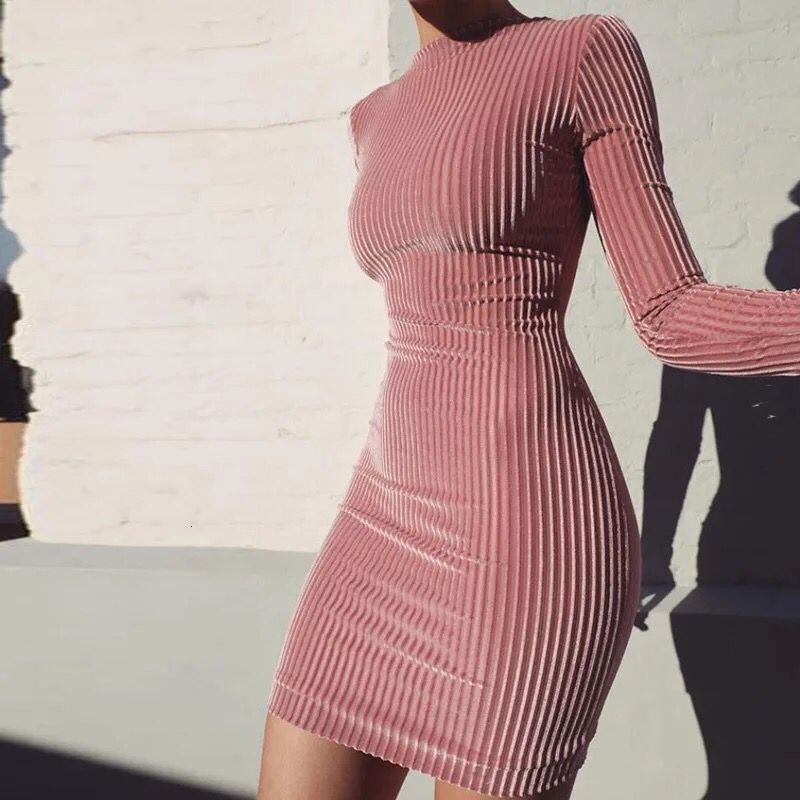 2025 Women's Sparkling Sequins Pink Velvet Long Sleeve Slim Fit Dress