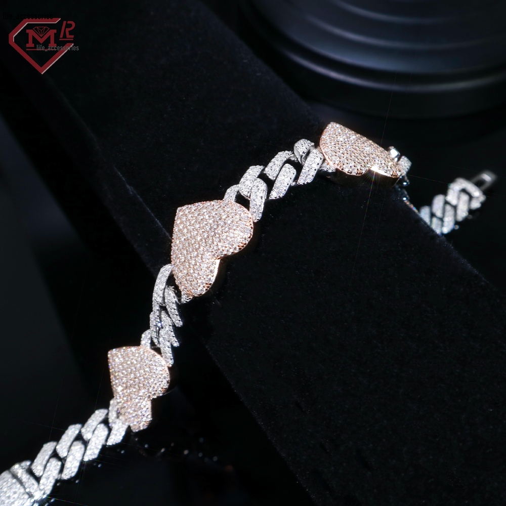 2 Tone Moissanite Cuban Bracelet Heart Shape Hip Hop Customized Silver 925 Moissanite Cuban Chain
