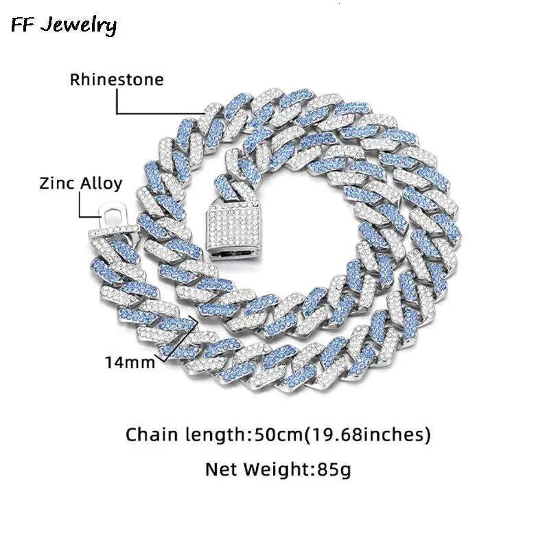 14mm Blue Cuban Link Chain For Men Silvery/Golden Iced Out Rhinestone Miami Necklace Choker For Women With Box Clasp Hip Hop