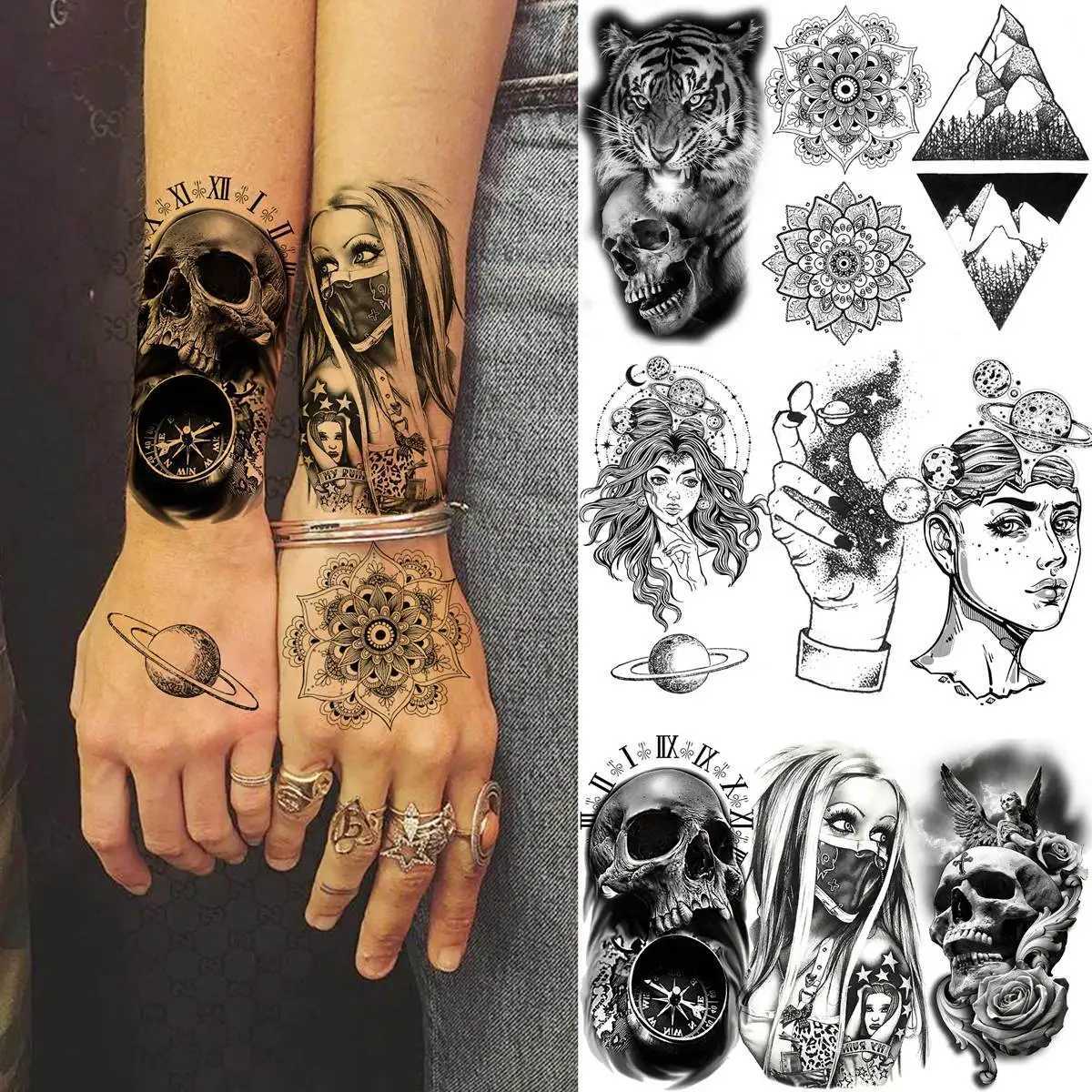 52 black skull temporary tattoos suitable for womens arm and neck tattoos stickers fake small flower mountain snakes animal 3D tattoos W250410