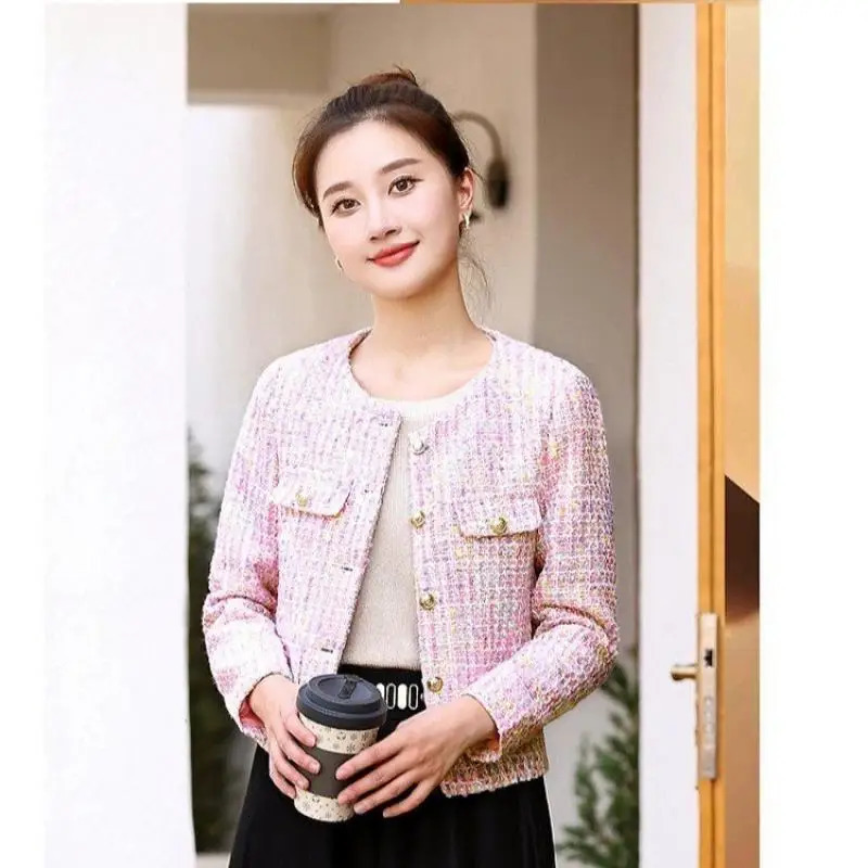casual Women Korean Sweet Tweed Jacket Fashion Simple Long Sleeve Coat Elegant Slim Female Chic O Neck Open Stitch Outwear 251110