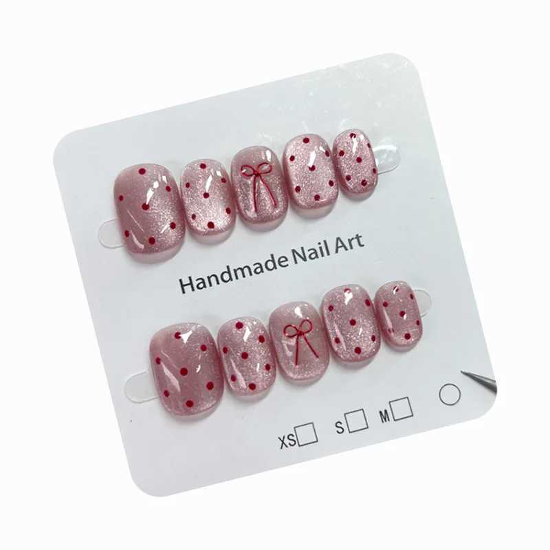 0 ballet short nail tip set with smooth finish polka dots and solid color design 3D bow accent for women and girls nail art W250410