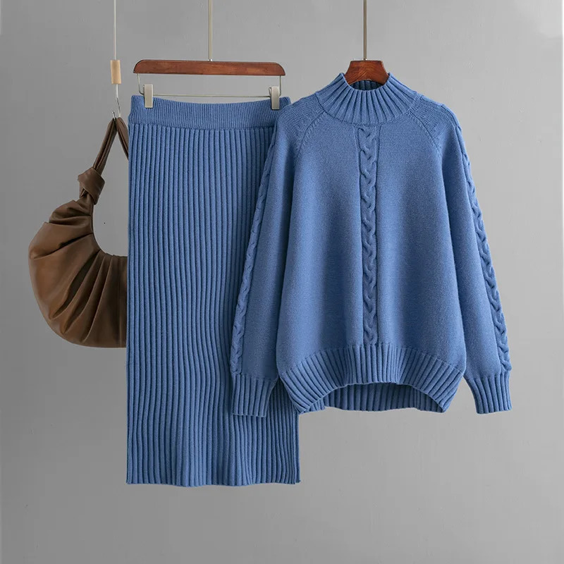 Fall Winter Knitted Sweater 2 Piece Sets Women Half Turtleneck Pullover Tops Conjuntos High Waist Slim Skirts Ensembles 251110