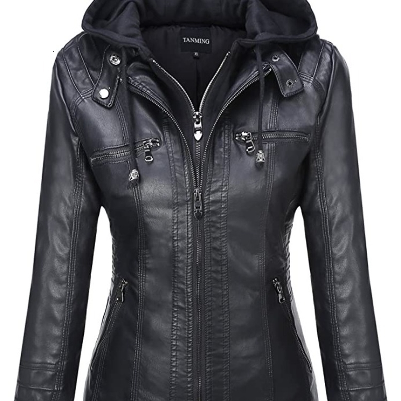 Hooded Leather Jacket TwoPiece Set Removable Large Size for Women Spring Fall Outwear Pu Washed 251105