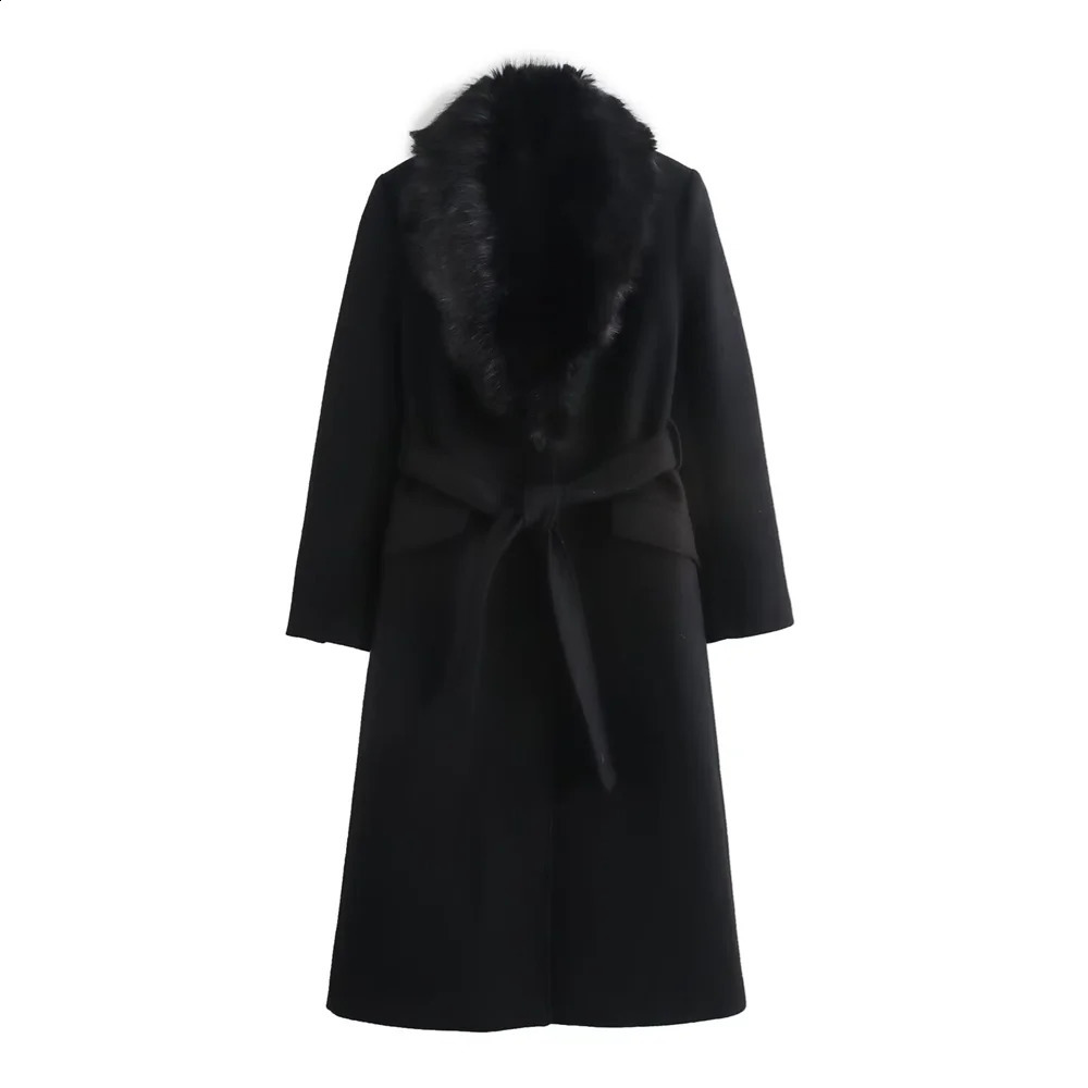womens lapel single breasted fur collar coat jacket belt decoration autumn and winter womens clothing 251105