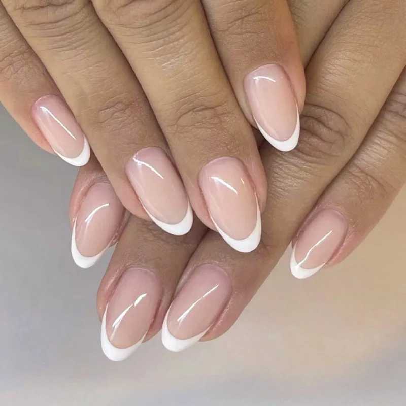 24 pieces of French simple fake nails Ins white edge nude fake nails tip almond stick nail patch W250410