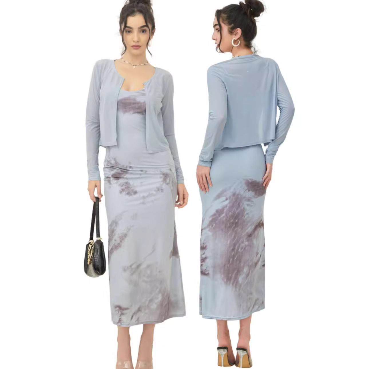 French high-end fishtail skirt set for women, 2025 autumn new versatile slim fit camisole dress+cardigan