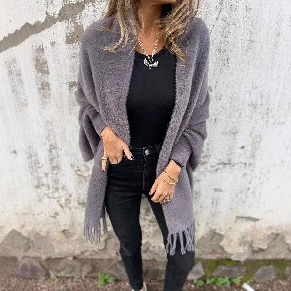2025 Autumn Winter New Cross-Border Foreign Trade Women's Faux Mink Fur Cape Tassel Shawl Solid Color Thickened Warm Batwing