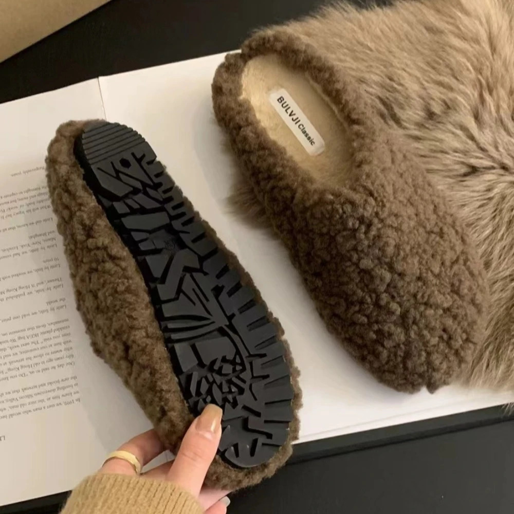 Fleeces Solid Color Furry Slippers Women Baotou Fur Flip Flops Woman Sliders Flat with Slides Warm Slippers Indoor Shoe 251107