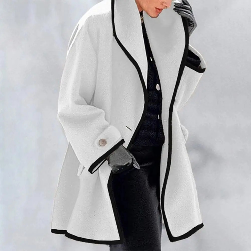 Womens hooded wool coat autumn and winter jacket loose color matching collar contrasting medium long cardigan sweater thick warm womens 250407