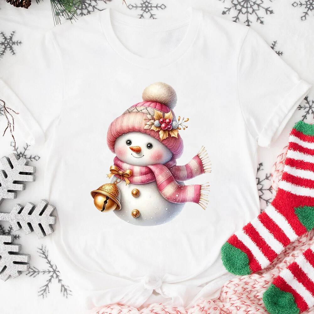 Ddmytues Christmas Pink Snowman T-Shirt Activities Tshirts Women Unisex Casual Tops White T-Shirt Graphic Tshirt Streetwear