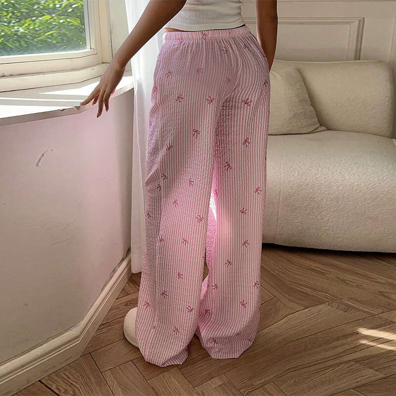 Cross-Border Independent Station Pink Striped Long Women 2025 Spring Summer New Foreign Trade European and American Wide-Leg Casual Pants