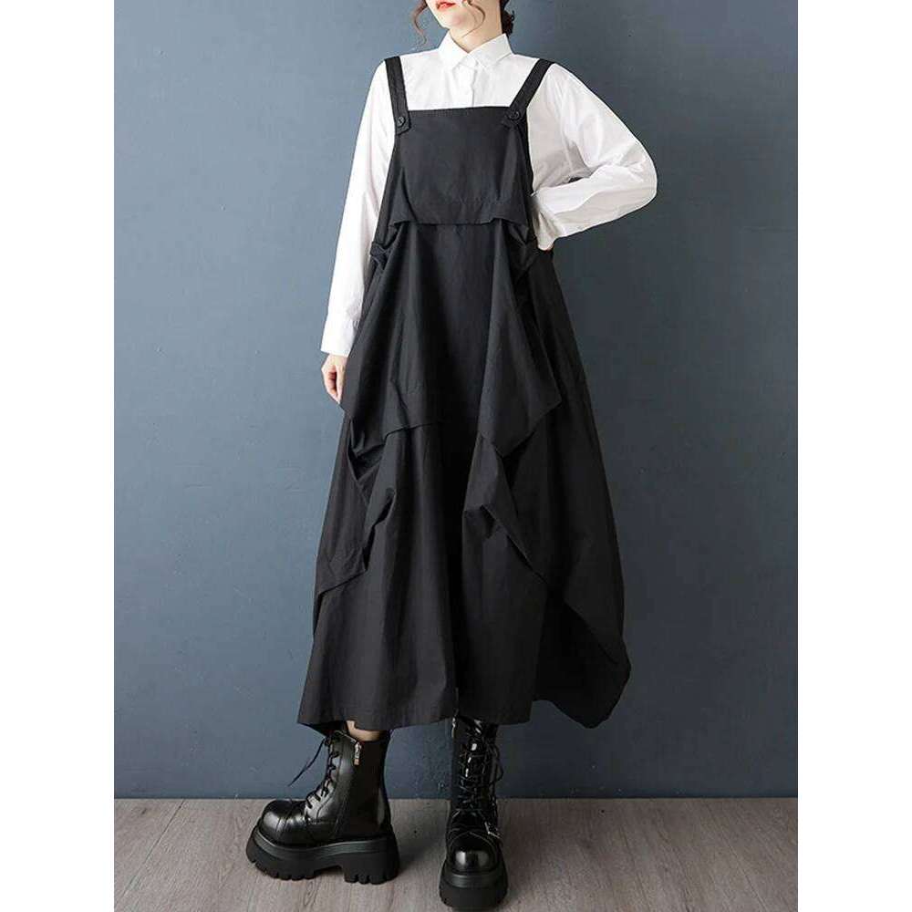 2025 Spring Autumn New Black Vintage Straps Dresses For Women Sleeveless Pleated Loose Casual Dress Robe Elegant Fashion Clothes