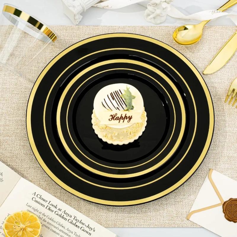 Plates Black Gold Dinnerware Set For 25 Guests Plastic Halloween Party And Christmas Disposable Dess