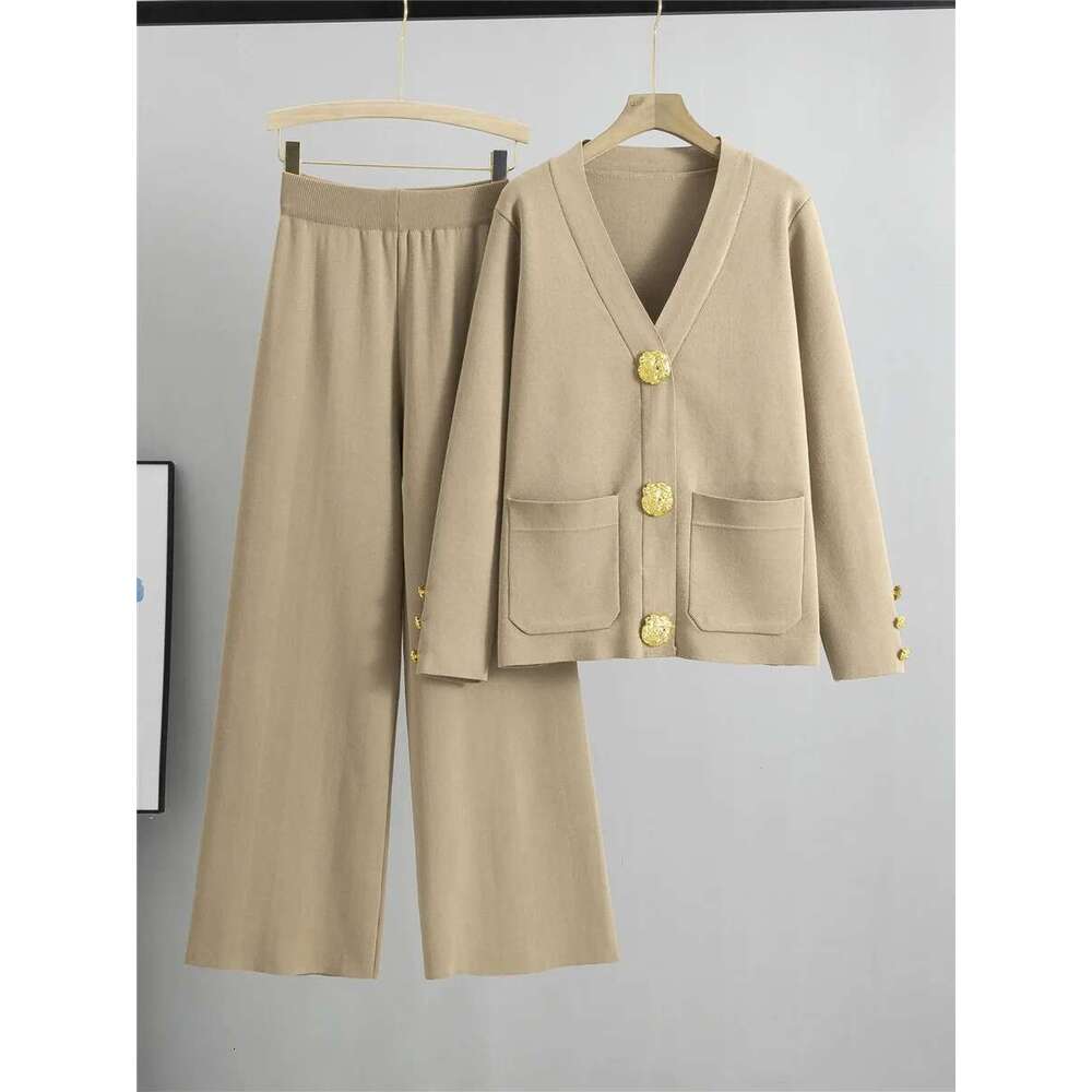 Fall Winter Women's Knit Sweater Sets Large Gold Button V-Neck Cardigan Coats Conjunto High Waist Baggy 95Cm Wide Leg Pants Suit