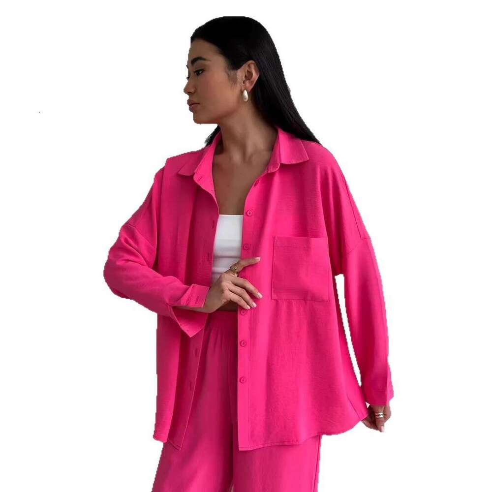 2025 Cross-Border European and American Amazon Women's Solid Color Cardigan Pocket Casual Wide-Leg Pants Set