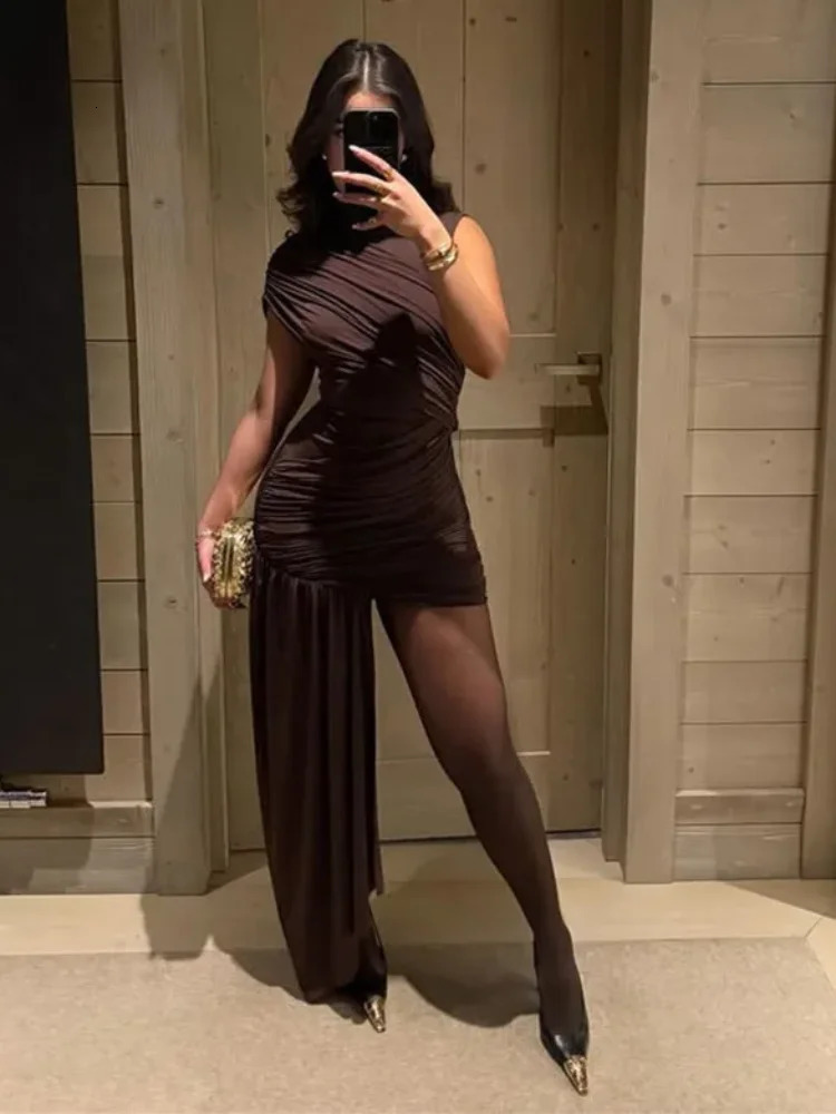 Women Fashion Irregular Pleated Tassels Mini Dress Elegant Turtleneck Sleeveless High Waist Vestidos 2025 Party Club Dresses 250409