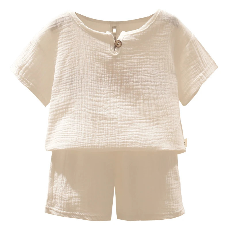 Summer childrens clothing set suitable for 0-6Y boys and girls cotton linen plain weave set T-shirt topshorts 2 pieces of baby terrace clothing 250409