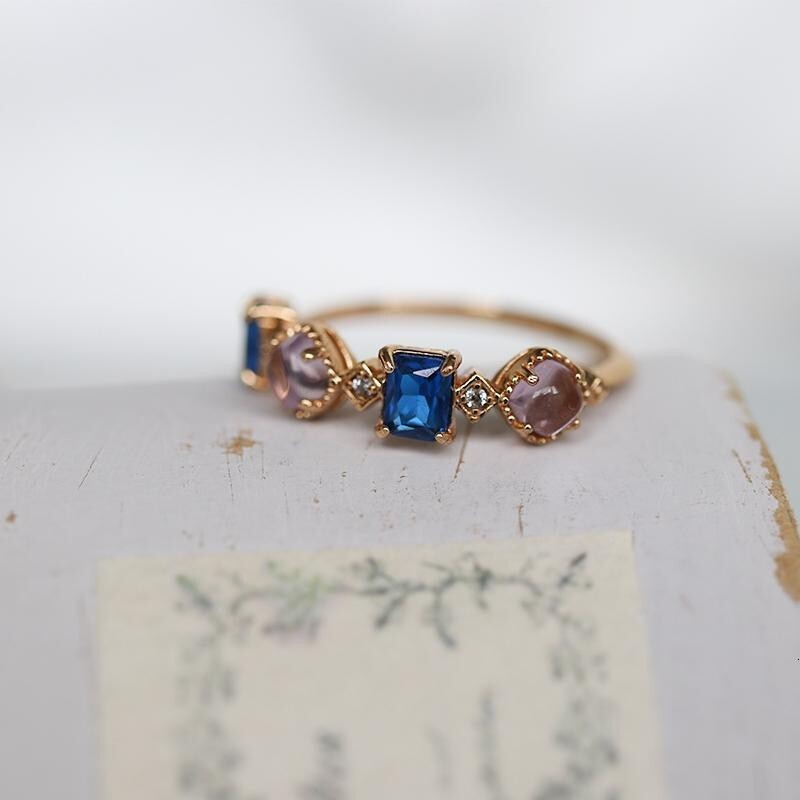 Japanese Style Fashion Ring Agete Imitation Amethyst Blue Topaz Ring For Women Gold Plated Vintage Designer Ring Light Luxury Artistic Ring